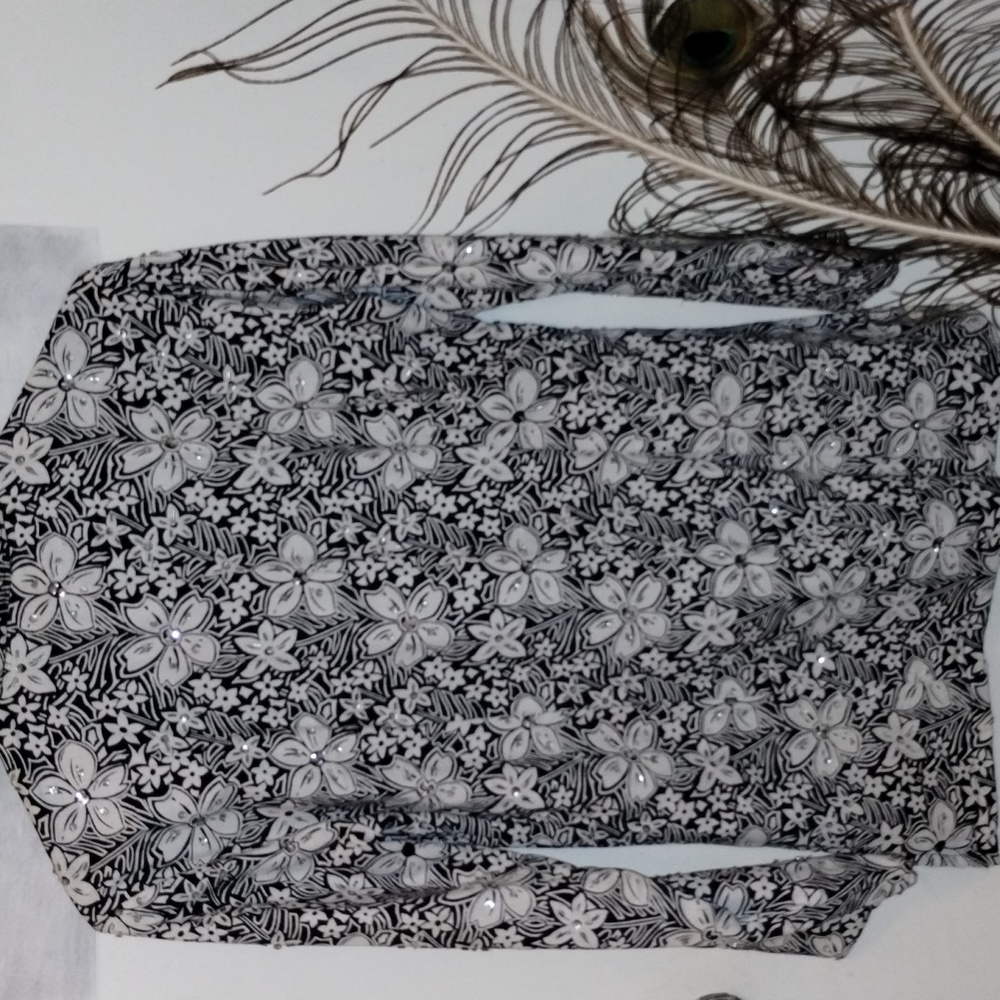 ⭐ Linen/cotton Flower Print with Sequence Long Sleeve Top Blouse Summer P petite - Picture 6 of 11